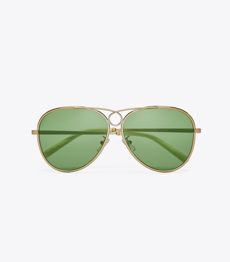 Tory Burch designer sunglasses & eyewear Gloria Pilot Sunglasses in TORY GOLD/SOLID DARK GREEN overhead