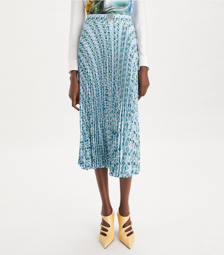Tory Burch designer pantaloni Gonna a pieghe in viscosa in Blue Glass Swan Allover front