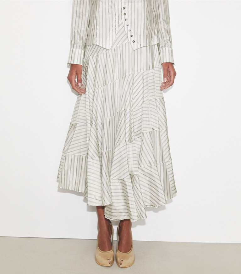 Tory Burch designer pantaloni Gonna asimmetrica in viscosa in White/Gray/Black Helios Striped Lining front