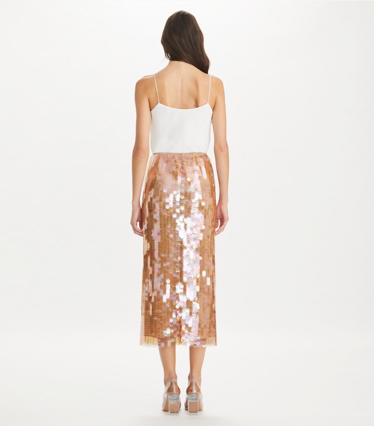 Tory Burch designer pantaloni Gonna con paillettes in Mocha Mesh on model back