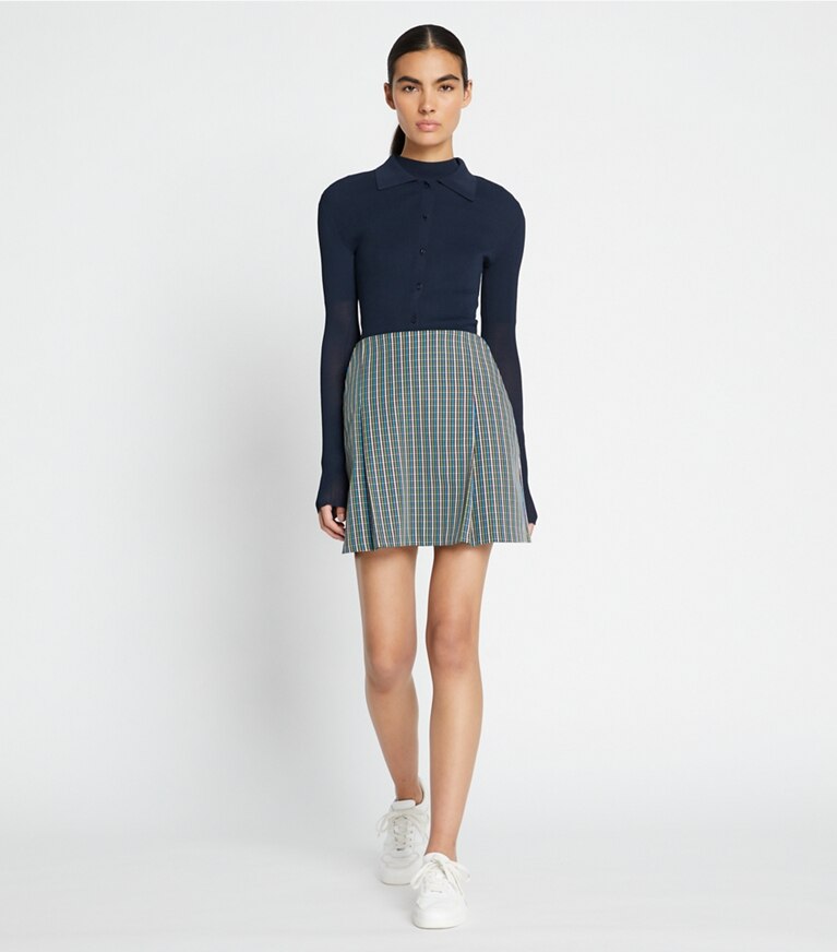 Tory Sport designer pantaloni Gonna da golf con pieghe in twill in Winetasting Pincheck Plaid front