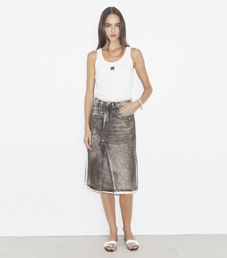 Tory Burch designer pantaloni Gonna destrutturata in denim sovrastampato in Soft Sable Brown front