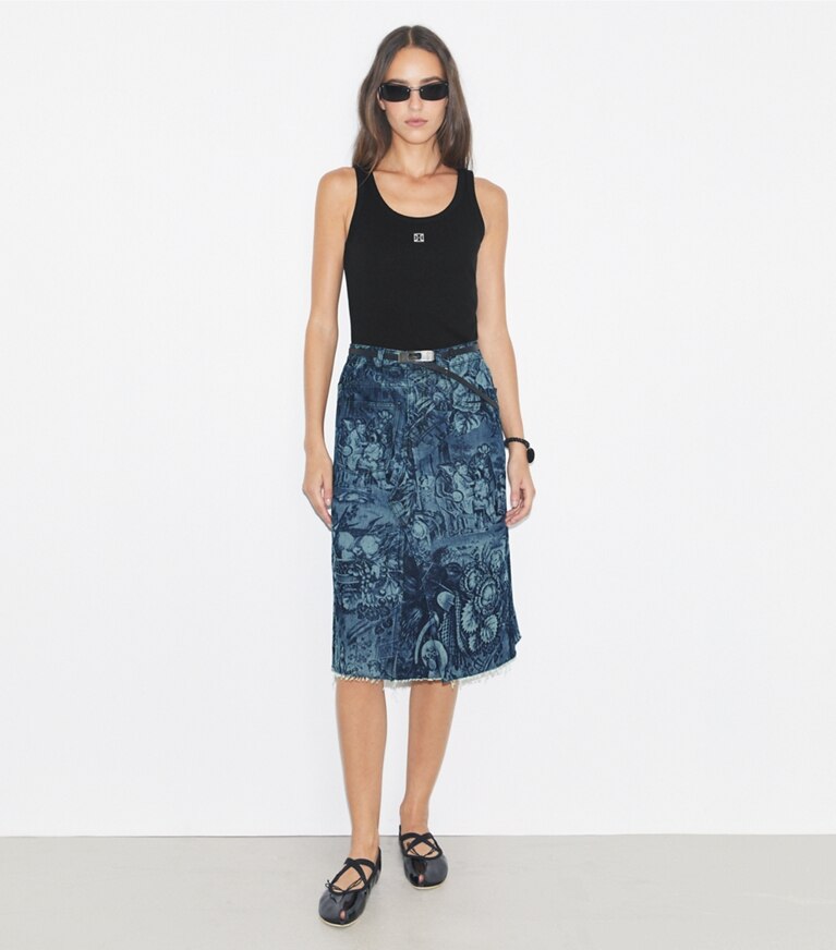Tory Burch designer pantaloni Gonna destrutturata stampata in denim in Indigo Alien front