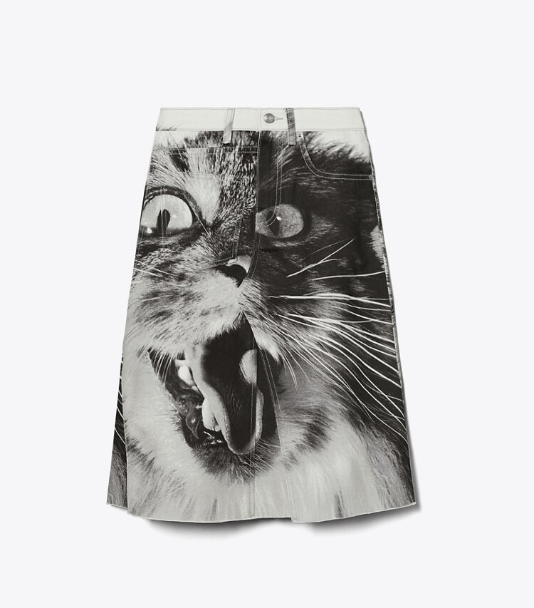 Tory Burch designer pantaloni Gonna in denim con stampa con gatto in Gray Cat Portrait front