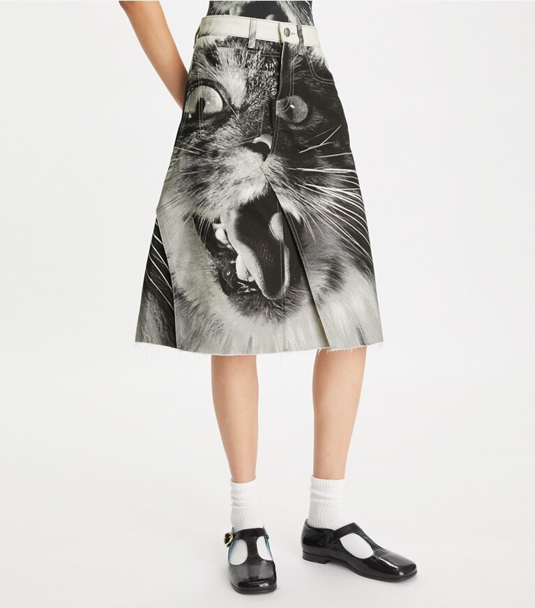 Tory Burch designer pantaloni Gonna in denim con stampa con gatto in Gray Cat Portrait front