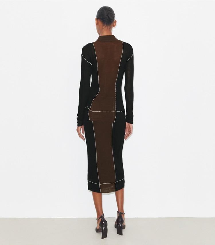 Tory Burch designer pantaloni Gonna in lana color-block in Black / Chocolate on model back