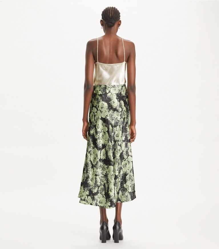 Tory Burch designer pantaloni Gonna in raso stampato in Green Pixel Floral front