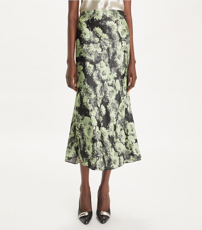 Tory Burch designer pantaloni Gonna in raso stampato in Green Pixel Floral front