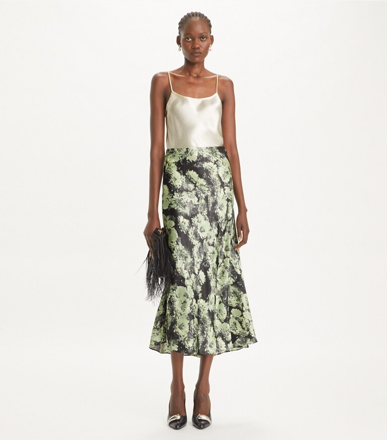 Tory Burch designer pantaloni Gonna in raso stampato in Green Pixel Floral front