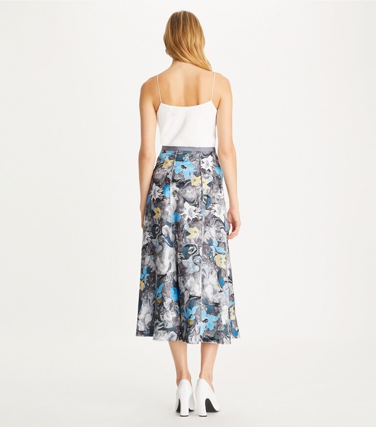 Tory Burch designer pantaloni Gonna stampata in twill di seta in Blue Tripped Out Flowers front