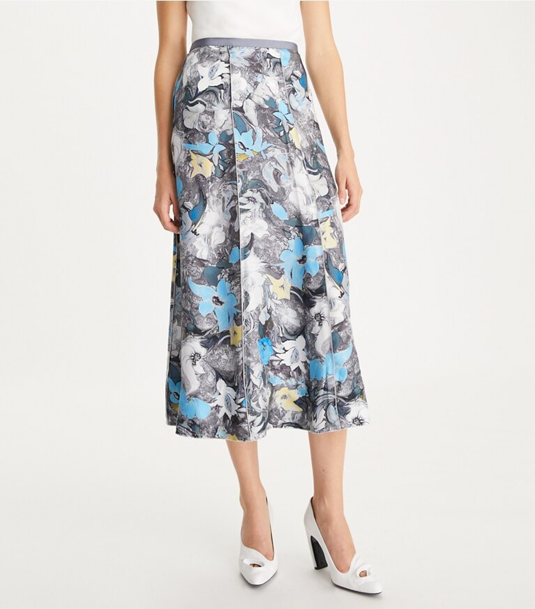 Tory Burch designer pantaloni Gonna stampata in twill di seta in Blue Tripped Out Flowers front