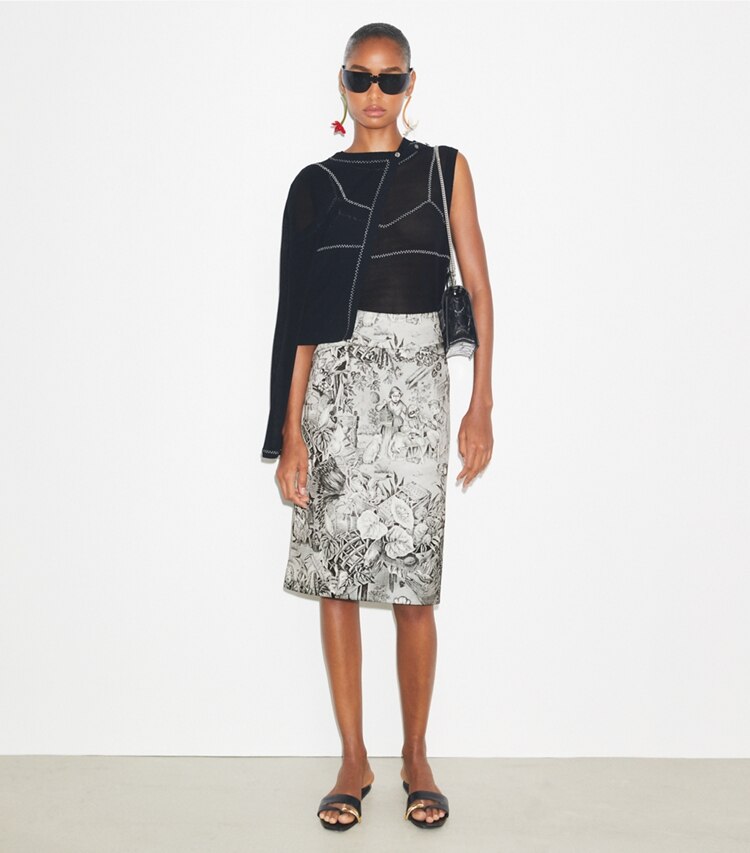 Tory Burch designer pantaloni Gonna stampata in viscosa in Grey Alien parte anteriore su modella