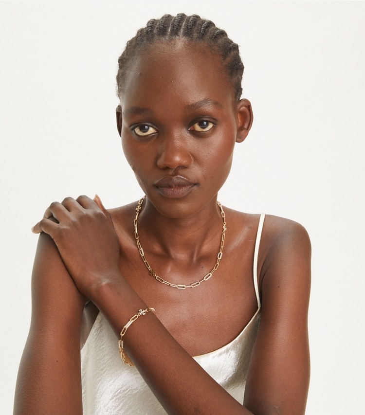 Tory Burch designer bracelets Good Luck Chain Pavé Bracelet in Tory Gold / Crystal accessory on model
