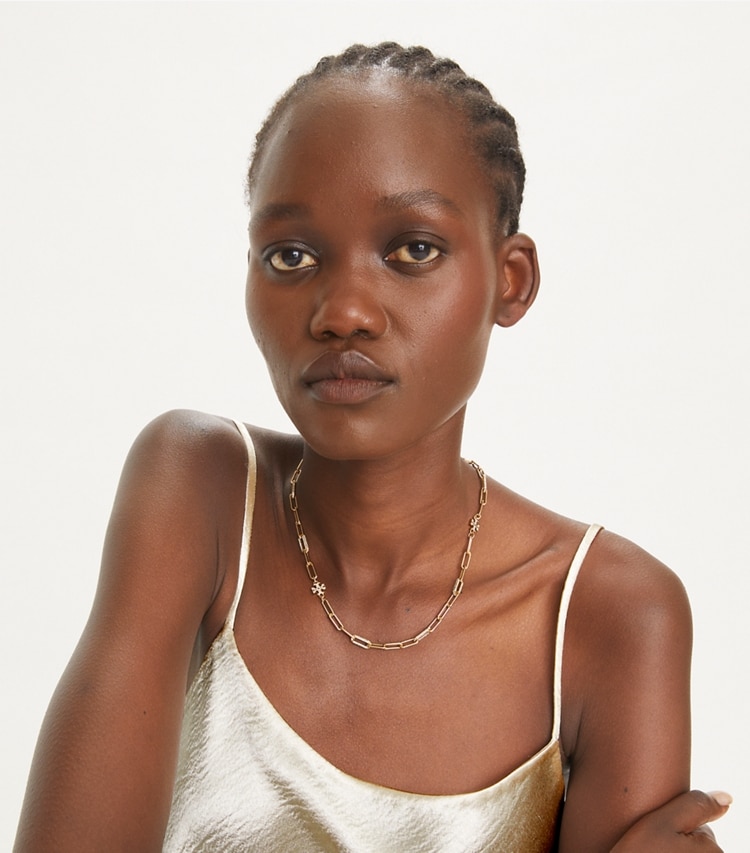 Tory Burch designer necklaces Good Luck Chain Pavé Necklace in Tory Gold / Crystal accessory on model