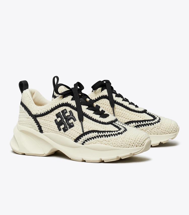 Tory Burch designer sneakers Good Luck Crochet Trainer in NEW IVORY / PERFECT BLACK angle