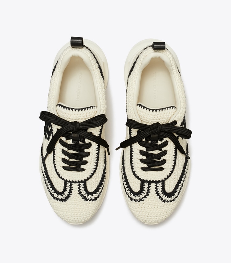 Tory Burch designer sneakers Good Luck Crochet Trainer in NEW IVORY / PERFECT BLACK overhead