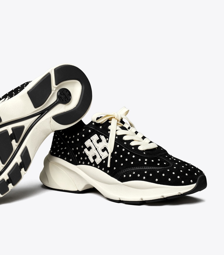 Tory Burch designer sneakers Good Luck Studded Trainer in PERFECT BLACK / SILVER angle