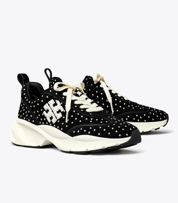 Tory Burch designer sneakers Good Luck Studded Trainer in PERFECT BLACK / SILVER angle