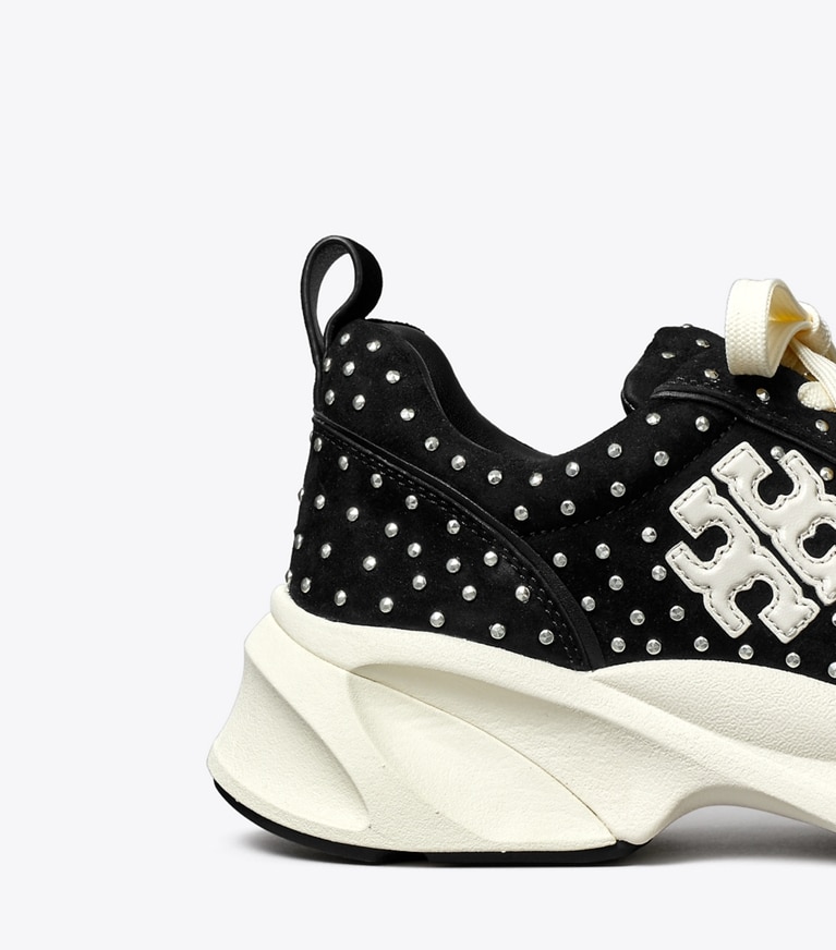 Tory Burch designer sneakers Good Luck Studded Trainer in PERFECT BLACK / SILVER angle