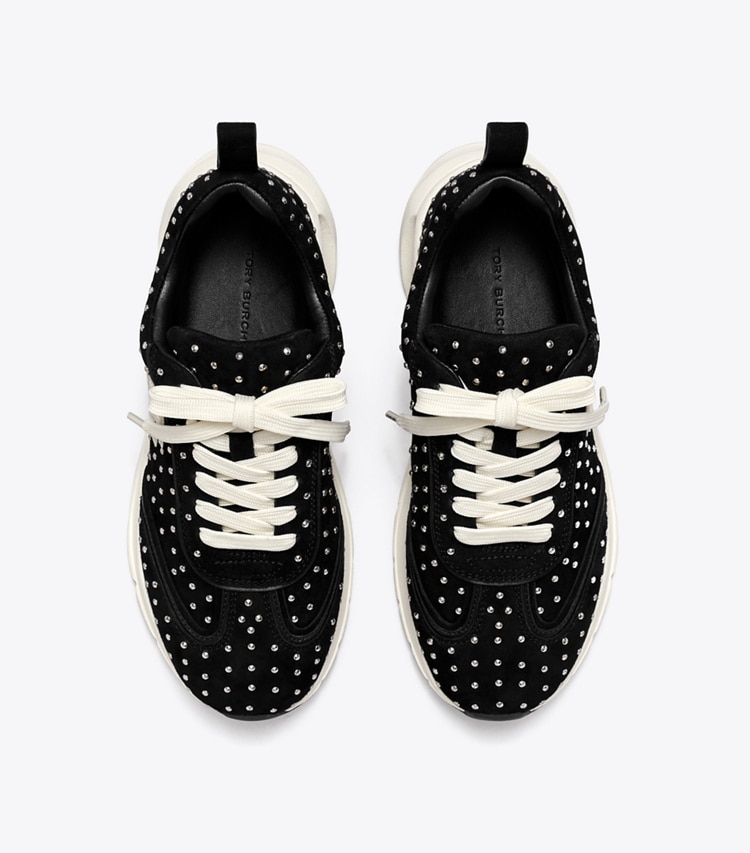 Tory Burch designer sneakers Good Luck Studded Trainer in PERFECT BLACK / SILVER overhead