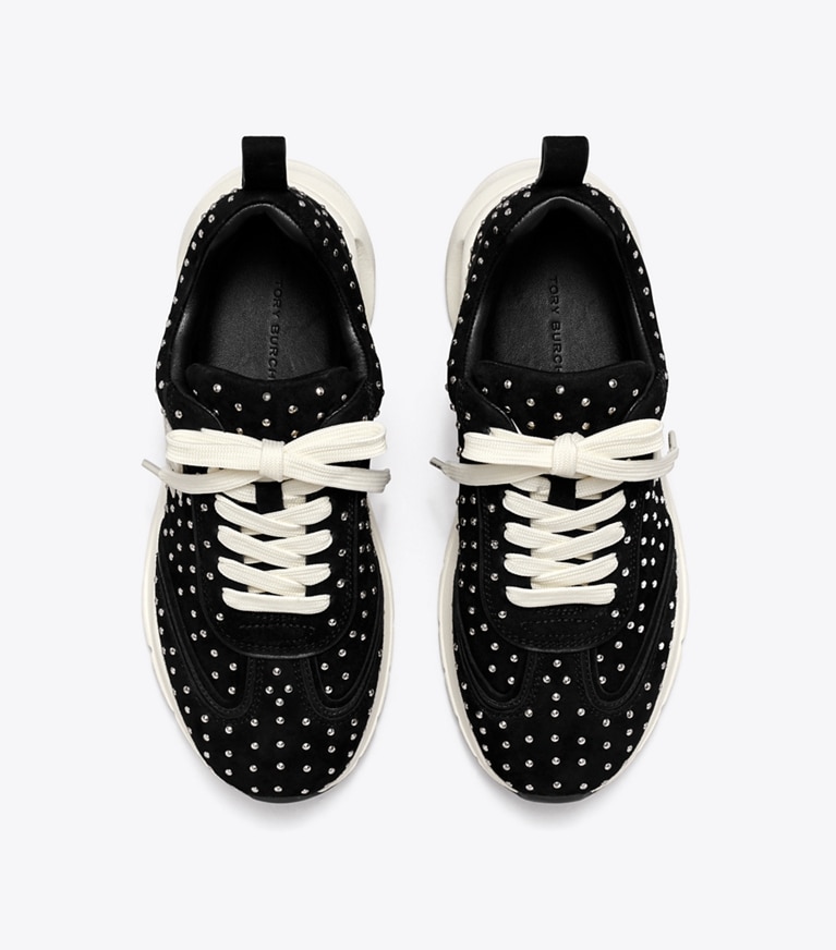 Tory Burch designer sneakers Good Luck Studded Trainer in PERFECT BLACK / SILVER angle