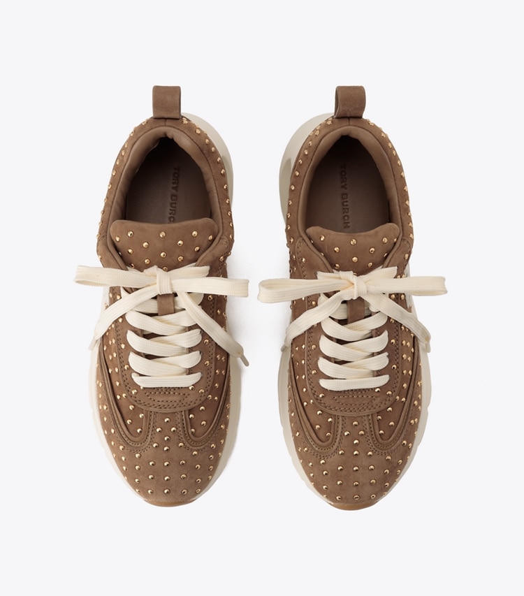 Tory Burch designer sneakers Good Luck Studded Trainer in ALCE / GOLD overhead