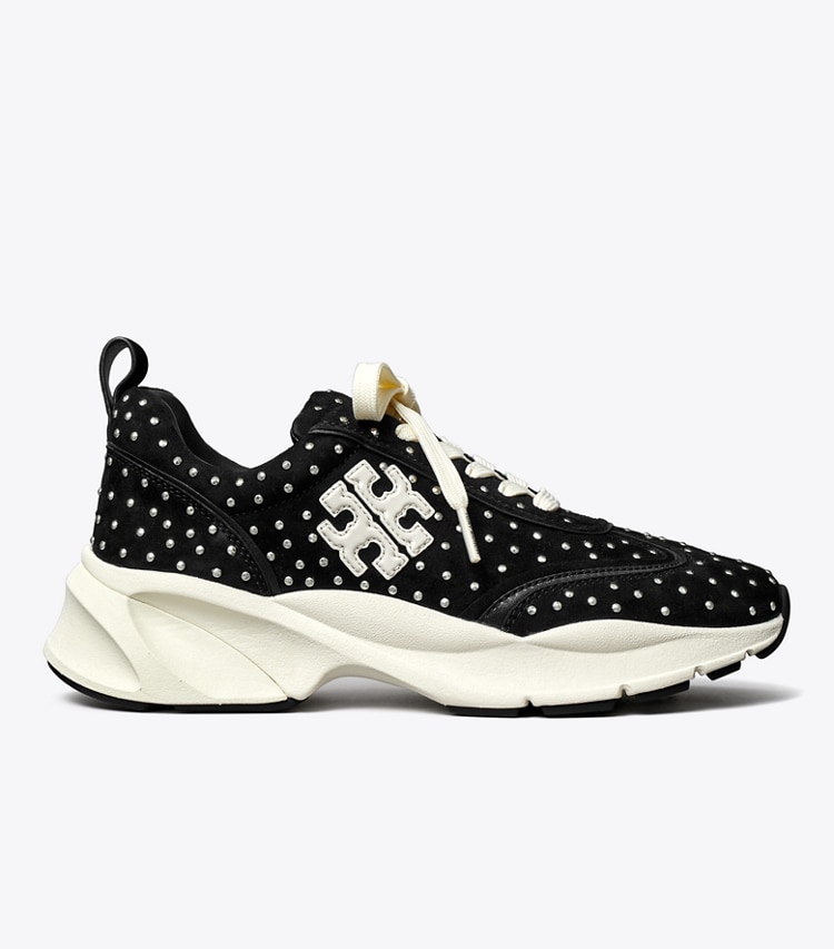 Tory Burch designer sneakers Good Luck Studded Trainer in PERFECT BLACK / SILVER side