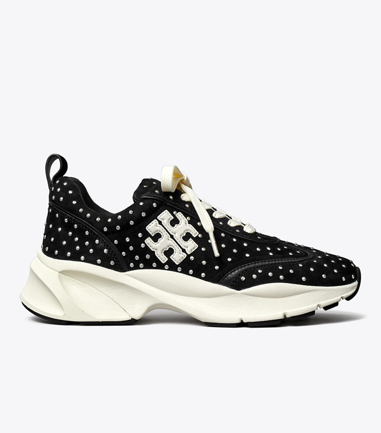 Tory Burch designer sneakers Good Luck Studded Trainer in PERFECT BLACK / SILVER angle