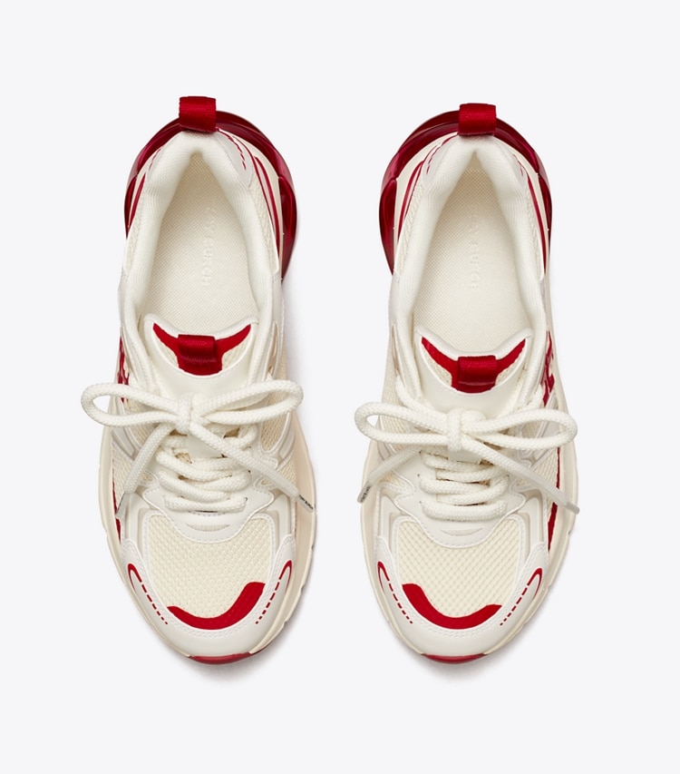 Tory Burch designer sneakers Good Luck Tech Trainer in NEW IVORY / TORY RED overhead