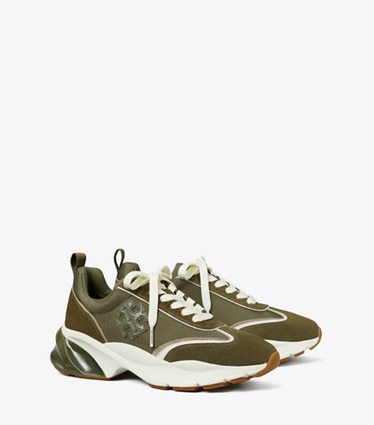 Tory Burch designer sneakers Good Luck Trainer in DARK OLIVE / DARK OLIVE/ ANETO angle