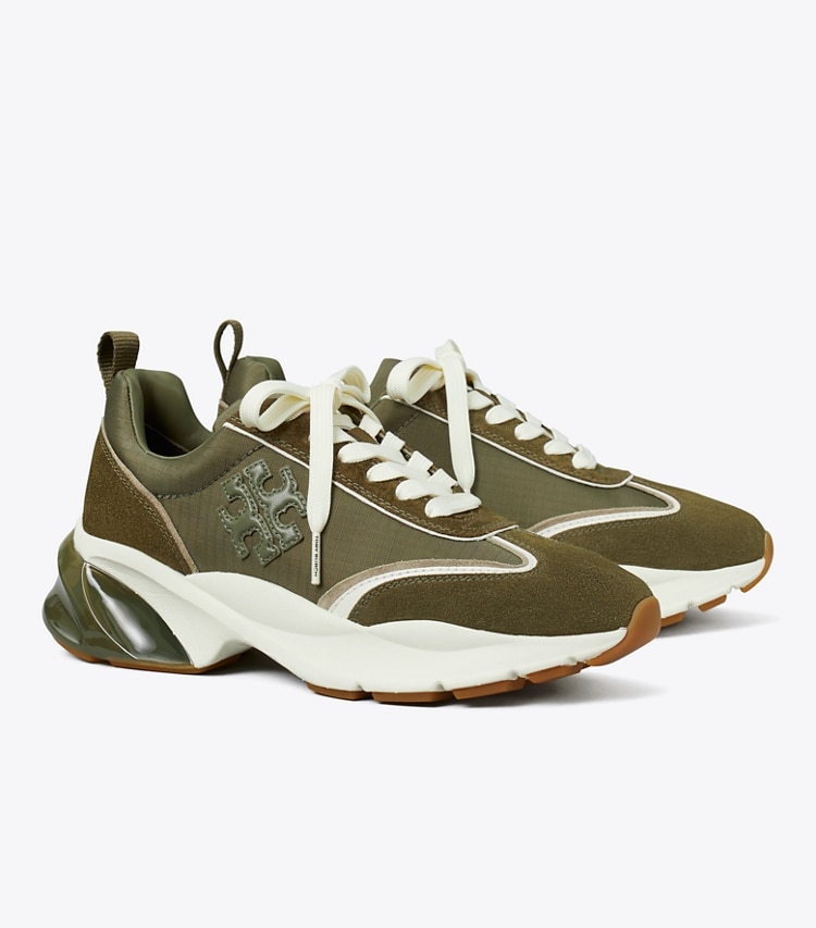 Tory Burch designer sneakers Good Luck Trainer in DARK OLIVE / DARK OLIVE/ ANETO angle