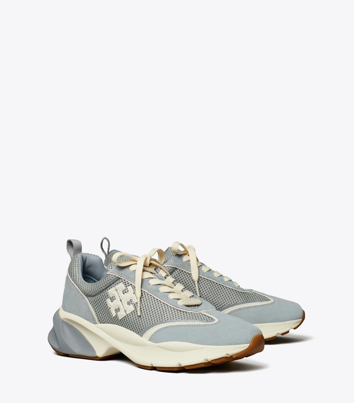Tory Burch designer sneakers Good Luck Trainer in GREY / BIANCO / ARIA BLUE angle