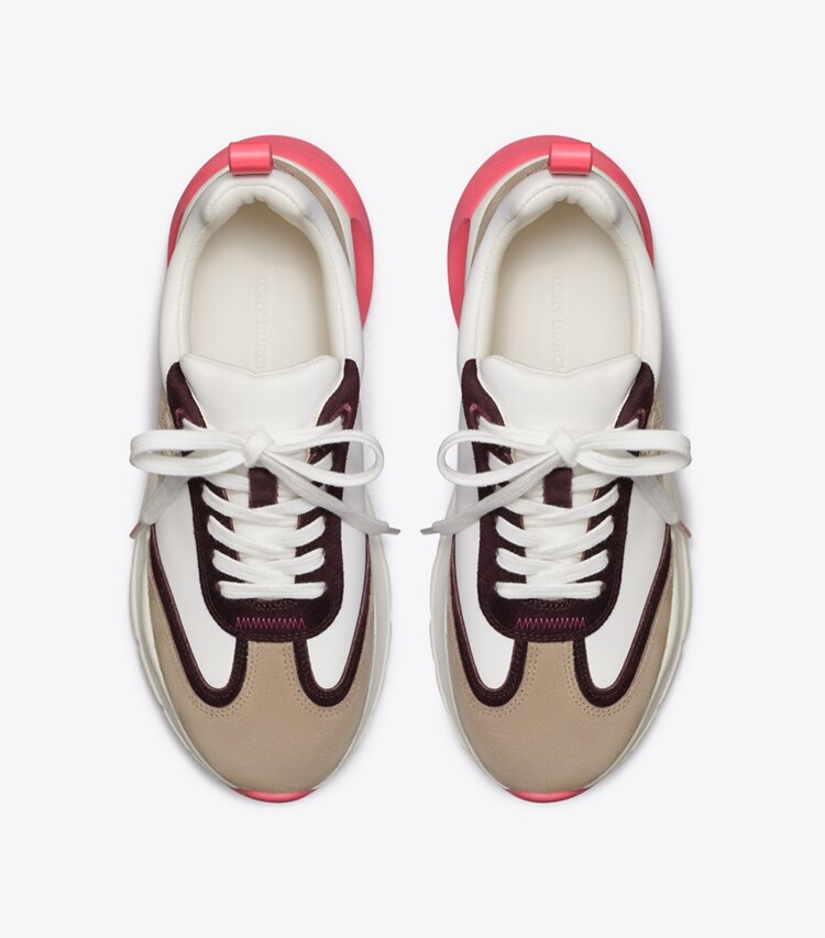 Tory Burch designer sneakers Good Luck Trainer in NEW IVORY / Taupe / Pink overhead