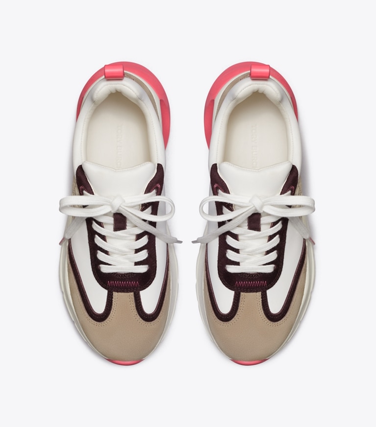 Tory Burch designer sneakers Good Luck Trainer in NEW IVORY / Taupe / Pink angle