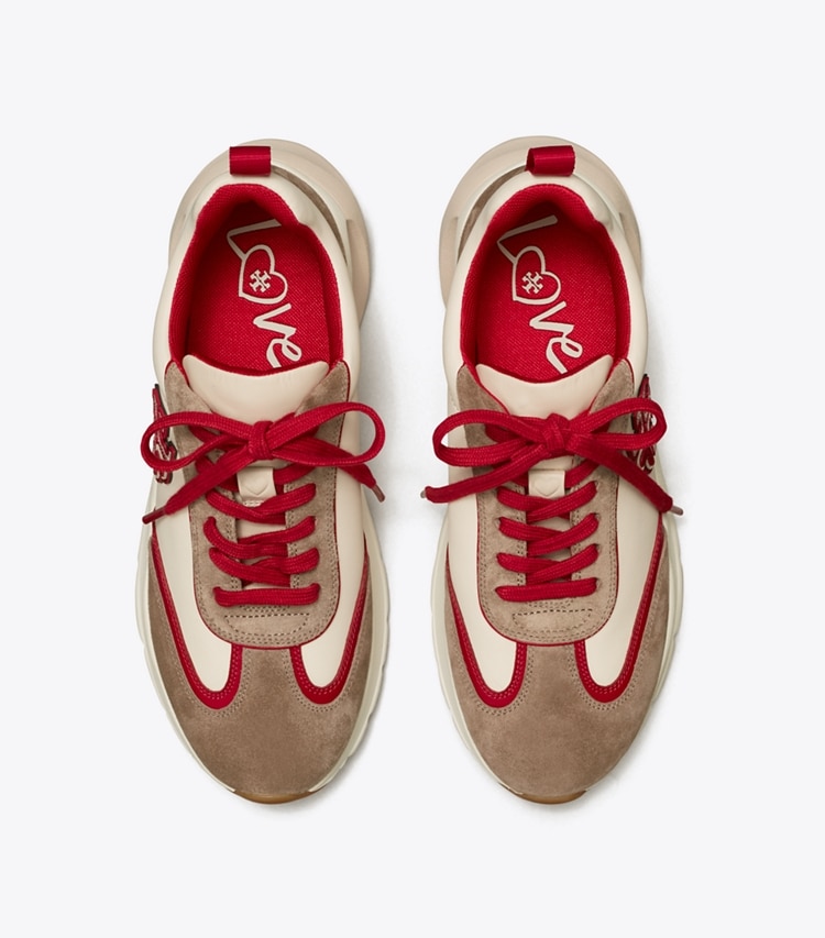 Tory Burch designer sneakers Good Luck Trainer in New Cream / Taupe / TORY RED overhead