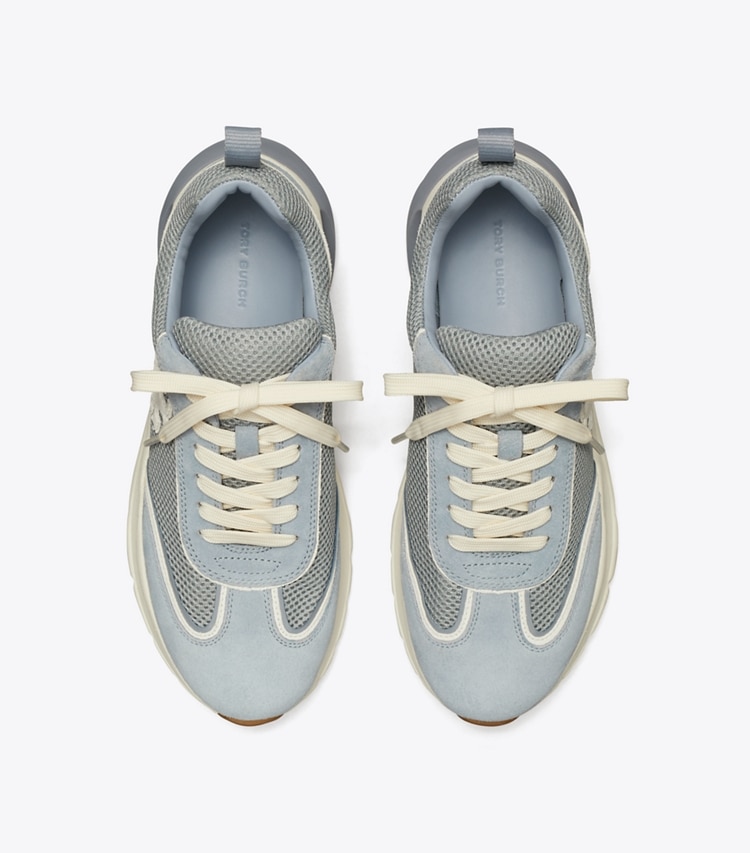 Tory Burch designer スニーカー グッドラック トレーナー in GREY / BIANCO / ARIA BLUE オーバーヘッド