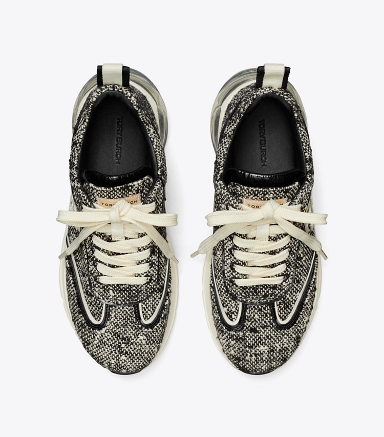 Tory Burch designer sneakers Good Luck Tweed Trainer in Black / New Ivory overhead