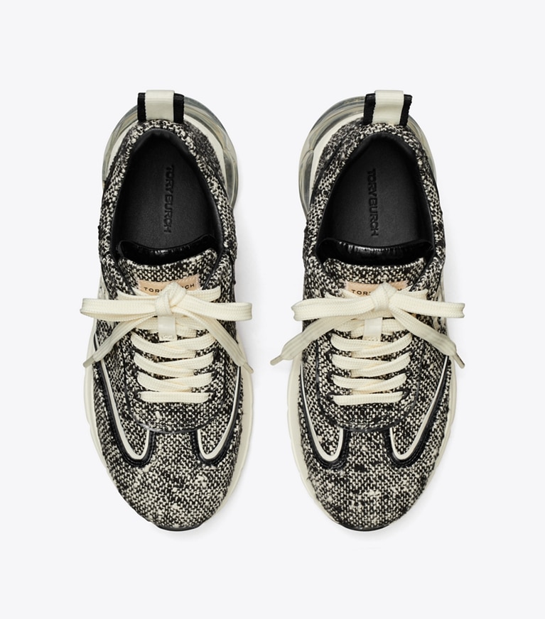 Tory Burch designer sneakers Good Luck Tweed Trainer in Black / New Ivory angle