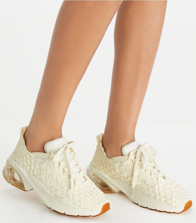 Tory Burch designer sneakers Good Luck Woven Trainer in NEW IVORY angle