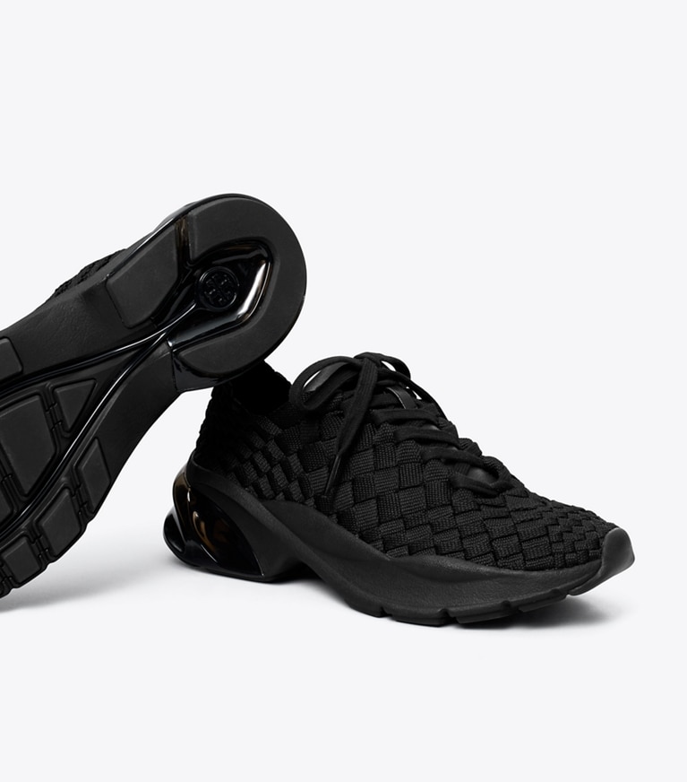 Tory Burch designer sneakers Good Luck Woven Trainer in PERFECT BLACK angle