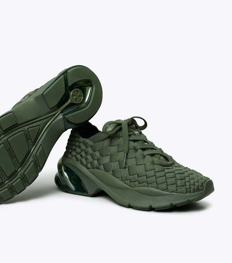 Tory Burch designer sneakers Good Luck Woven Trainer in DARK GREEN angle