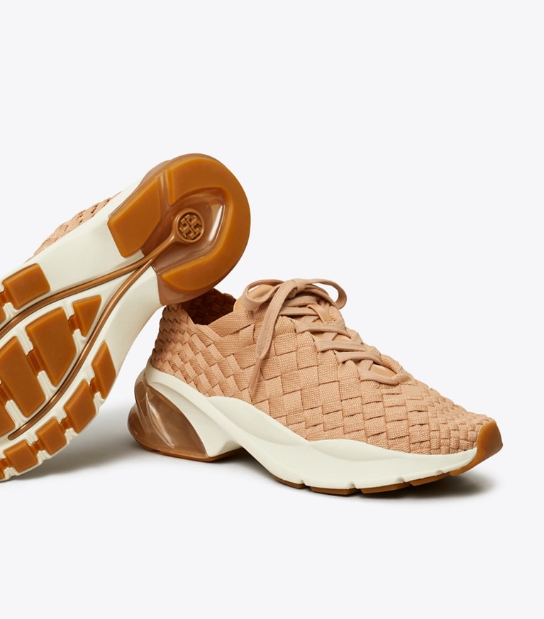Tory Burch designer sneakers Good Luck Woven Trainer in VINTAGE BLUSH angle