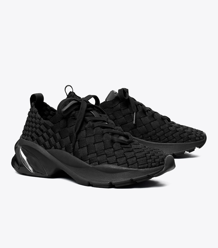 Tory Burch designer sneakers Good Luck Woven Trainer in PERFECT BLACK angle
