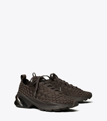 Tory Burch designer sneakers Good Luck Woven Trainer in COCOA angle