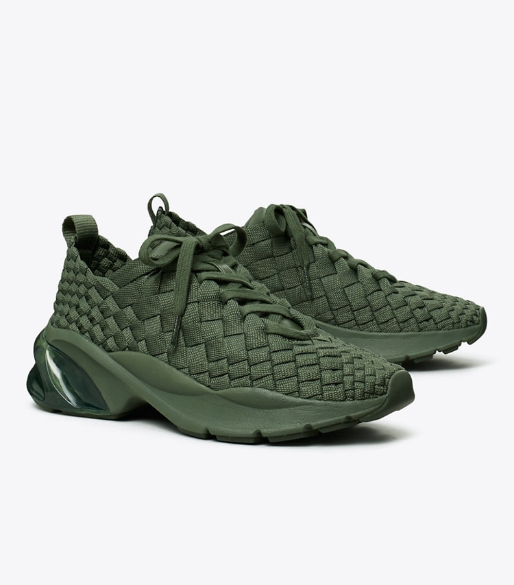 Tory Burch designer sneakers Good Luck Woven Trainer in DARK GREEN angle
