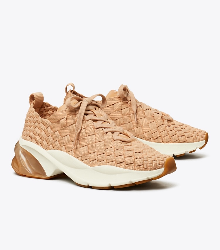 Tory Burch designer sneakers Good Luck Woven Trainer in VINTAGE BLUSH angle