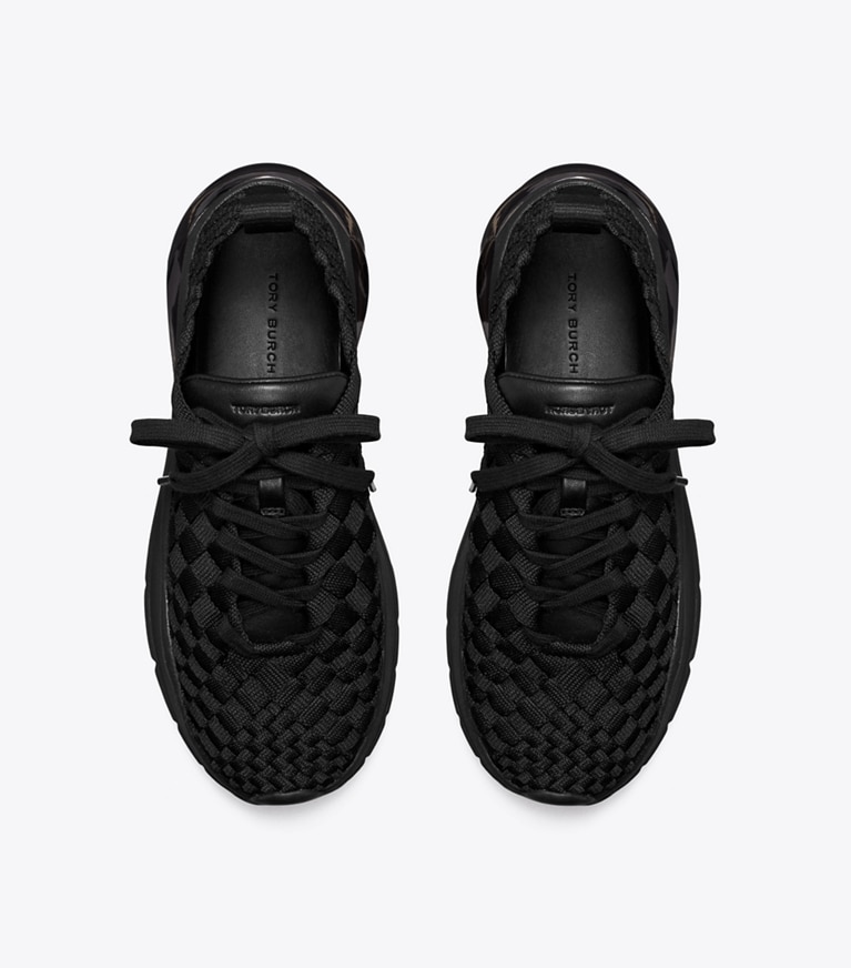 Tory Burch designer sneakers Good Luck Woven Trainer in PERFECT BLACK angle