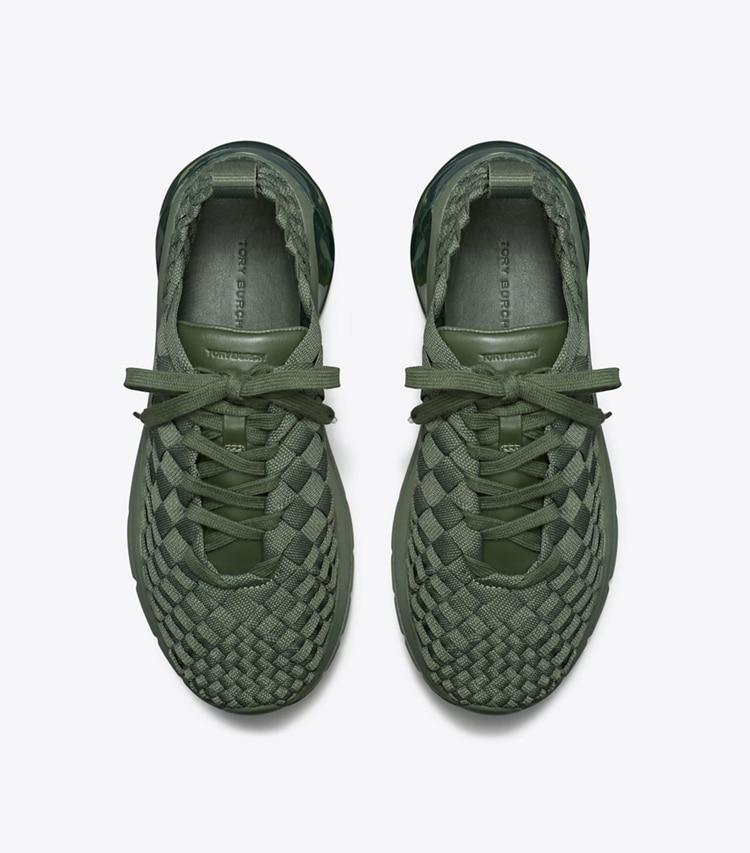 Tory Burch designer sneakers Good Luck Woven Trainer in DARK GREEN overhead