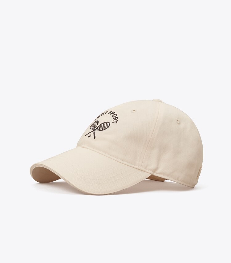 Tory Sport diseñador sombreros Gorra con raquetas bordadas en Ivory Pearl frontal
