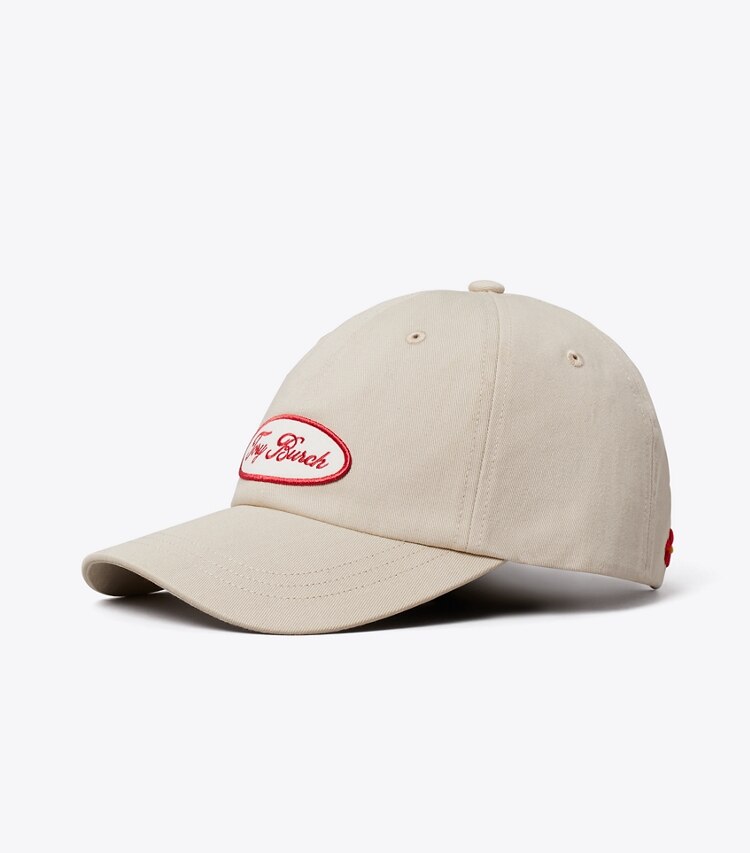 Tory Burch diseñador sombreros Gorra de béisbol con parche con logotipo en Tan ángulo